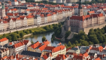 An aerial view of a modern city skyline representing innovation.