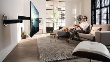 High-end home cinema design and hidden cable TV mounting with signature MountMyTV Keyhole Surgery