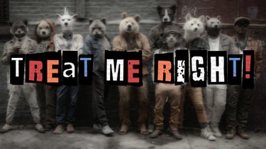 Anthropomorphic animals lined up against a wall titled TREAT ME RIGHT