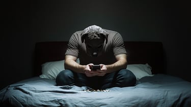 A man in a pup hood sitting on a bed holding his phone.