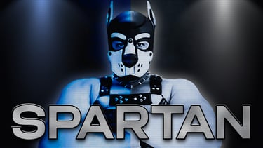 A man in a dramatic pose wearing a pup mask. Name plate: SPARTAN.