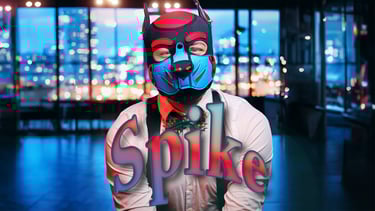 A man in a pup mask and his name: Spike.