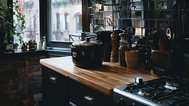 city kitchen with slow cooker and prep counter
