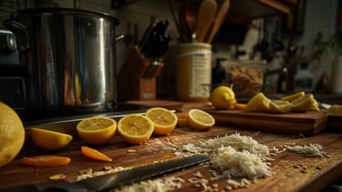 Cheese, lemons and herbs on cutting board in an active kitchen