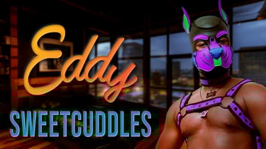 Man in pup hood on a name header. Eddy Sweetcuddles