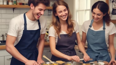 A group of people are engaged in cooking, surrounded by green plants and brick walls. Some are preparing food at a counter with pots and ingredients, while one person is operating a rotating grill. The atmosphere is casual and cooperative, with sunlight filtering through the space.