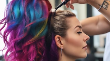 a woman with colorful hair and a tattoo on her head