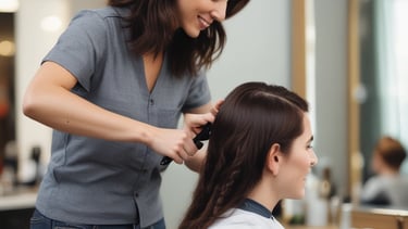 a woman is getting her hair cut by a hairdresser