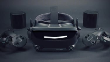 se muestra un kit de casco de realidad virtual valve fondo gris
