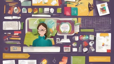 Illustration of a woman working at a cluttered desk with instructional design tools, representing th