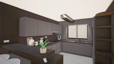 Photo après transformation, d'une cusine taupe et marron avec bardage et plan de travail en bois