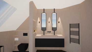 Rénovation d'une salle de bain avec un meuble suspendu sur-mesure noir, un lavabo et des miroirs