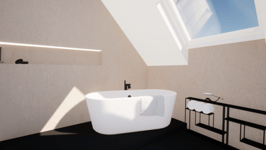 Rénovation d'une salle de bain avec un velux, une baignoire sur un sol noir et des murs beiges