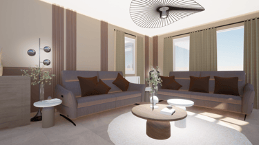 Projet de transformation d'un living avec une suspension et des panneaux décoratifs beiges et bruns