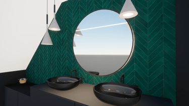 Eviers dans une salle de bain transformée, avec un mur en carrelage vert émeraude et un miroir
