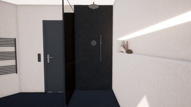 Rénovation d'une salle de bain avec une douche à l'Italienne et une porte noire et des murs beiges.