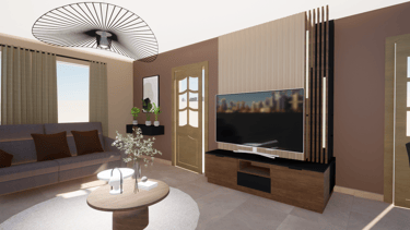 Projet de transformation d'un living avec un meuble TV sur-mesure et des murs beiges et bruns