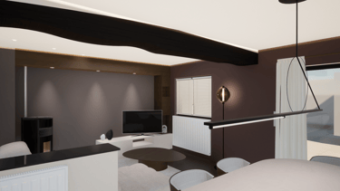 Photo après transformation, d'un salon marron foncé et taupe avec un mobilier tv sur-mesure