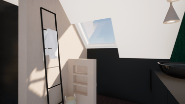 Rénovation d'une salle de bain avec un velux, des éléments sur-mesure, une étagère et murs beiges