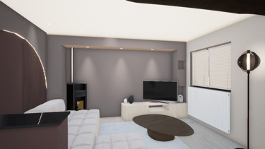 Photo après transformation, d'un salon aux murs taupe et marron avec un meuble tv sur mesure