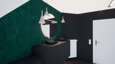 Rénovation d'une salle de bain avec un meuble évier sur-mesure noir, du carrelage vert et un miroir