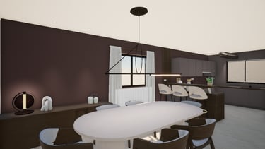 Photo après transformation, d'une salle à manger beige clair avec des murs marron et un luminaire
