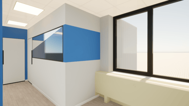 Transformation de bureaux avec des cloisons, une baie vitrée et des murs de couleur bleue