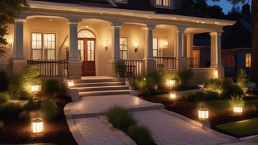 A well-lit house with decorative outdoor lighting stands in the foreground, with a garden featuring several tables and chairs under colorful umbrellas. A glowing, spiral light decorates a nearby tree or pole, adding to the festive ambiance. The scene suggests an evening event or gathering.