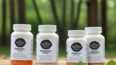 Three white plastic bottles of dietary supplements with labels. Two bottles are upright on a wooden surface, while the third is balanced on top. The background features green grass and trees in soft focus.