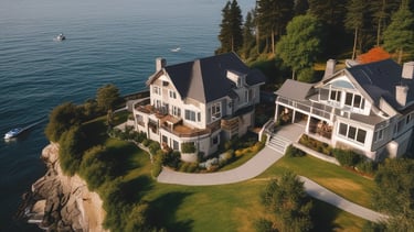 A residential street lined with brick houses stretches into the distance under a partly cloudy sky. A large tree without leaves stands tall on the right side, casting long shadows on the wet pavement. For sale signs are visible in front of the houses, indicating real estate activity. The sunlight filters through the branches, creating a serene atmosphere.