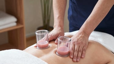 A person is giving a massage in a dimly lit room. The focus is on the hands applying pressure on the back of the individual lying down. The atmosphere appears calm and therapeutic.