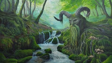 Stream Keeper, woodland stream waterfalls fantasy painting by Sussex artist Darren Slater