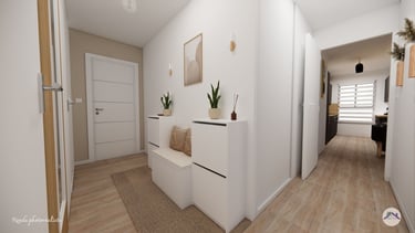 Entrée appartement avec meuble de rangement et décoration murale