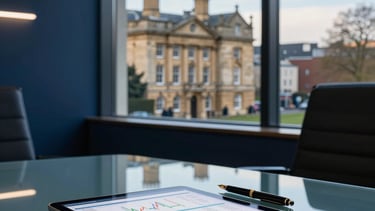 Professional photography of a modern British office interior in Bristol. A sleek glass table holds a digital tablet displaying financial data and a classic fountain pen. Through the window, the limestone architecture of Westbury on Trym is visible under a clear morning sky. High-end, corporate atmosphere with deep navy and soft light blue accents.