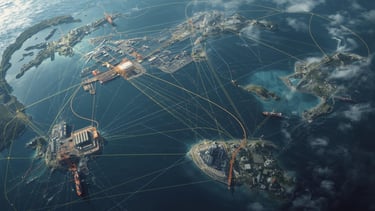 Aerial view of a futuristic global logistics network connecting islands with digital supply chain data lines.