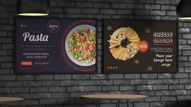 "Restaurant wall mockup with two posters. The first one promotes Italian pasta with 50% off, featuring a colorful pasta salad