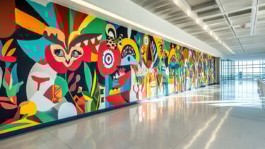 A large, colorful mural stretches across a long hallway wall filled with abstract shapes and nature-inspired figures. A big-e