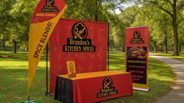 Outdoor promotional booth for Brandon's Kitchen Spices in a park. The setup includes a red and gold