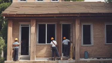 A two-story house under renovation with new brickwork being added. A black tarp covers construction materials in the foreground, surrounded by wood and other building materials. The house features a light brown exterior with two windows on the upper floor, white-framed doors, and a partially completed extension on the ground floor.