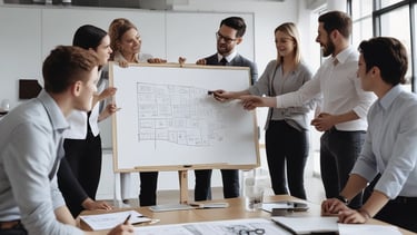 A modern workspace with a focus on technology. In the foreground, there is a black laptop with a distinctive logo placed on a table beside a smartphone propped on a stand. A man is sitting in the background, also using a similar laptop. The setting is minimalistic with a combination of white furniture and a textured brick wall.