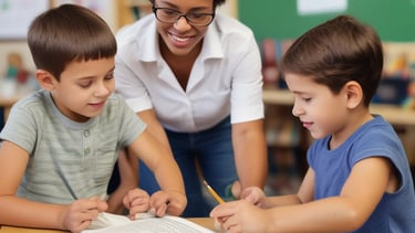 A teacher is engaging with a group of students sitting at a desk. The students are dressed in matching attire and wearing traditional headwear. They appear focused on their studies as they interact with the teacher. Books are open in front of them, and shelves filled with books are visible in the background.