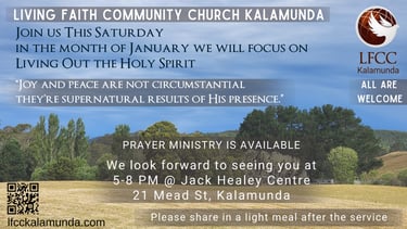 Living Faith Community Church Kalamunda flyer for January 2026 event on Living Out the Holy Spirit, 
