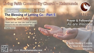 Church event flyer with open hands and warm light for a session on trusting God fully.