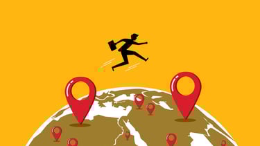 Businessman-Jumping-Between-Location-Pins-on-Globe