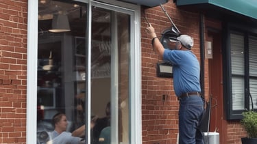 Window of business being cleaned