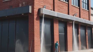 A person is washing a car with a pressure washer, applying soap foam all over the vehicle. The scene takes place in a driveway next to a garage, with suburban houses in the background. The person is wearing a cap and appears to be focused on cleaning the car.