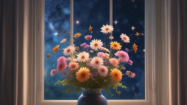 A pair of hands is positioned palms-up on a cloth featuring zodiac signs and a sun-like face. A stack of tarot cards, adorned with mystical symbols, rests on the cloth, surrounded by scattered blue glass beads.