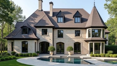 Bespoke stone luxury home with resort-style backyard and swimming pool.