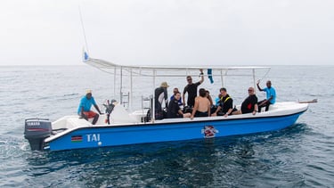 Scuba divers in wetsuits preparing for a dive on a blue boat in the Indian Ocean.
