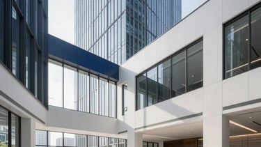 A wide-angle photography shot of a high-end corporate office lobby in a modern glass skyscraper. The interior features minimalist architecture with pure white walls and professional navy blue accents. Natural morning light streams through floor-to-ceiling windows, creating a clean and authoritative atmosphere. International / Global setting.